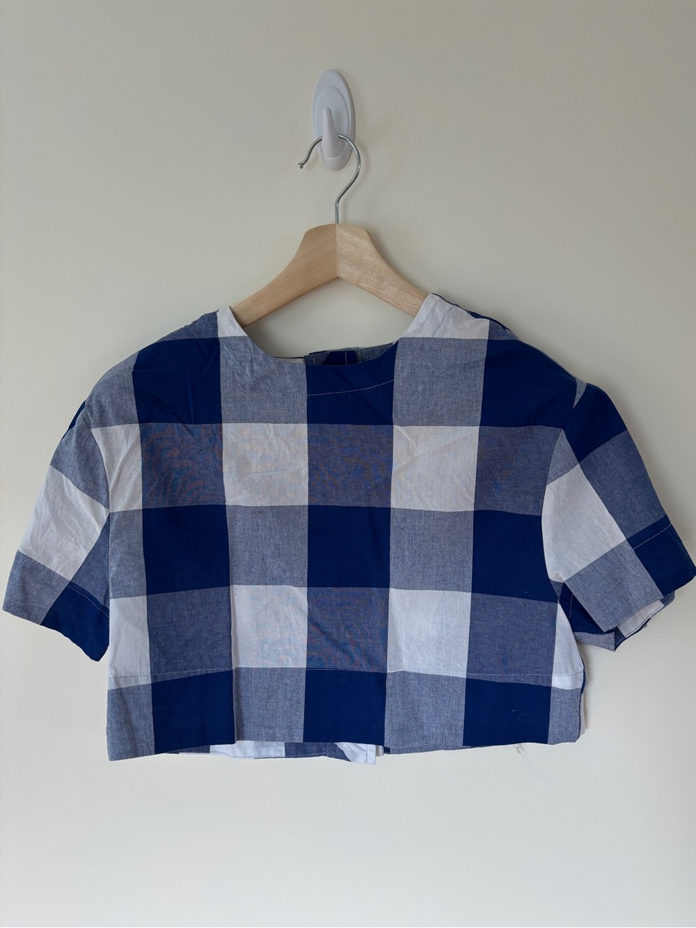 Anthropologie Cropped Blue and White Gingham Boxy Short Sleeve Shirt